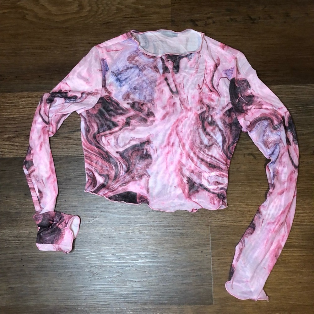 Pink marble see through long sleeve crop top